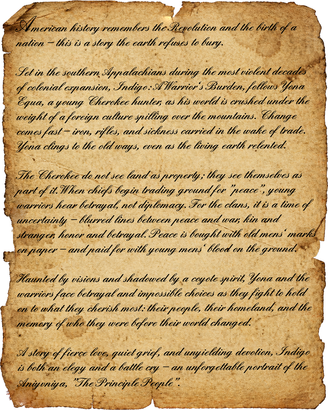 Back cover blurb, handwritten on aged parchment